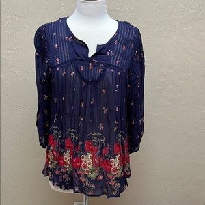 Anthropologie Lil Navy Floral Blouse Size L